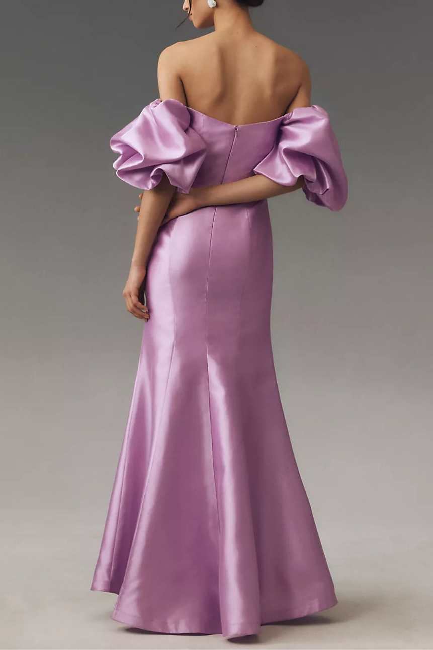 Robe Weitese élégante en satin, décolleté en cœur, épaules dénudées, manches lanternes, robe de bal sirène longue